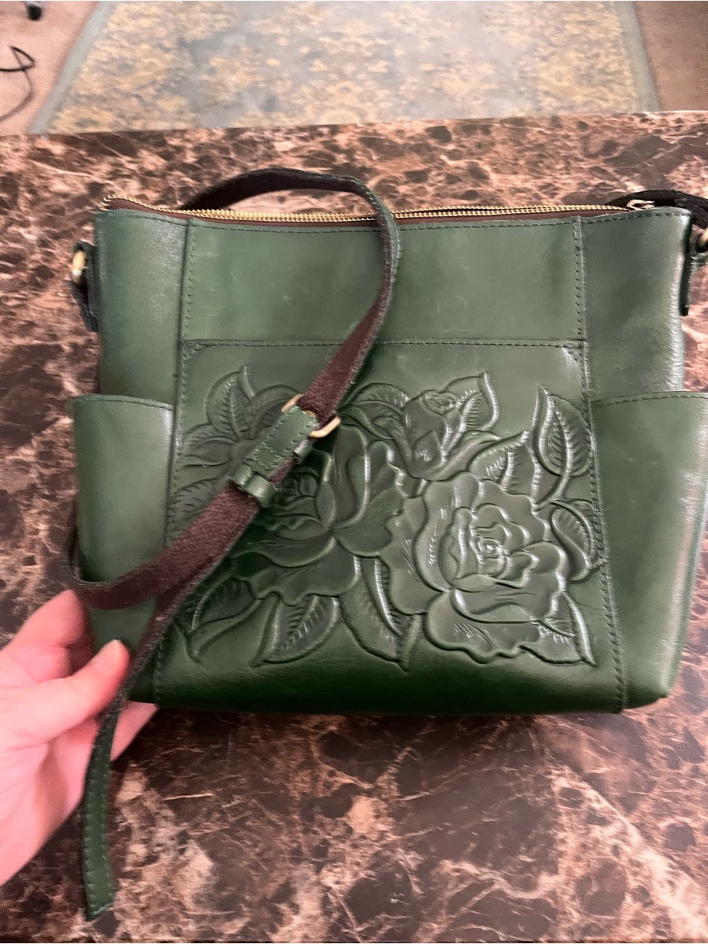 Patricia Nash Green leatherFloral Embossed Leather Crossbody Bag - Classic Green